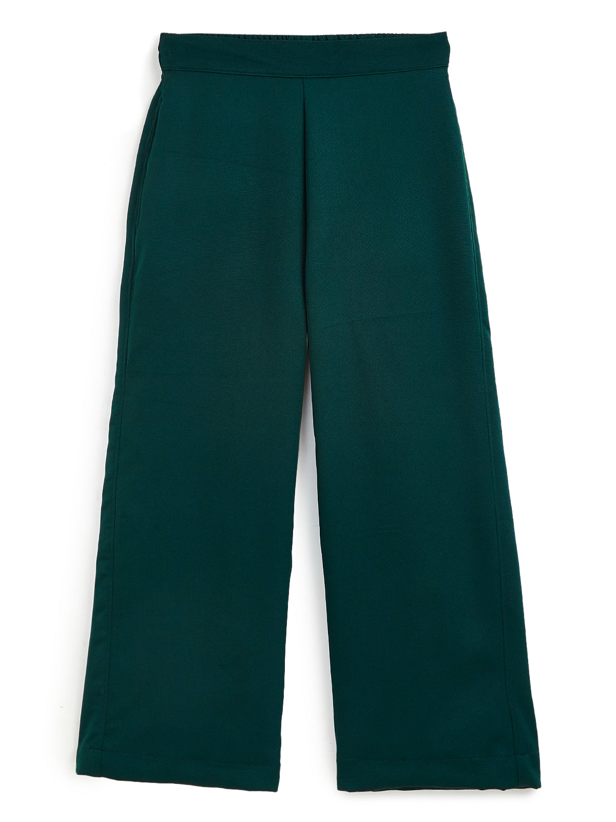 Knit N Knot Girls' Green Viscose Crepe Co-Ord Set of Mandarin Collar Puff Sleeve Top & Wide Leg Palazzo