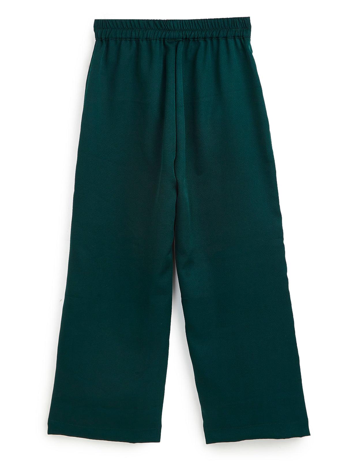 Knit N Knot Girls' Green Viscose Crepe Co-Ord Set of Mandarin Collar Puff Sleeve Top & Wide Leg Palazzo