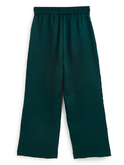 Knit N Knot Girls' Green Viscose Crepe Co-Ord Set of Mandarin Collar Puff Sleeve Top & Wide Leg Palazzo