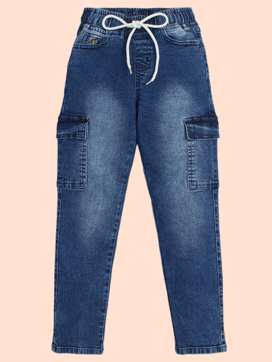 Knit N Knot Blue Boys' Cargo Jogger Pants - Stretchable Relaxed Fit, Elastic Waist Drawstring, Stylish Denim Durable Comfortable Washed, 7 Pockets, Soft Cotton, Kids’ Casual Wear
