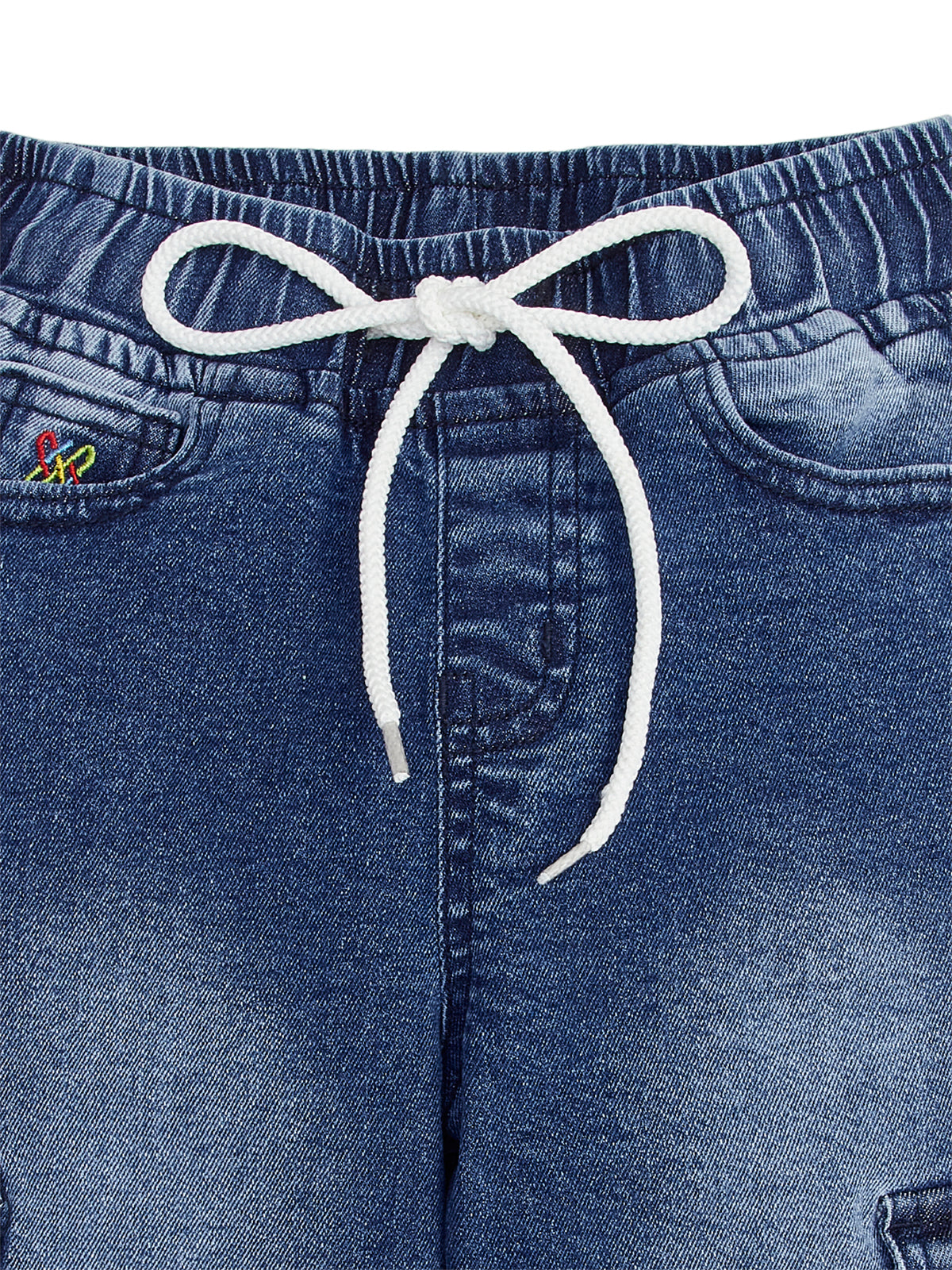 Knit N Knot Blue Boys' Cargo Jogger Pants - Stretchable Relaxed Fit, Elastic Waist Drawstring, Stylish Denim Durable Comfortable Washed, 7 Pockets, Soft Cotton, Kids’ Casual Wear