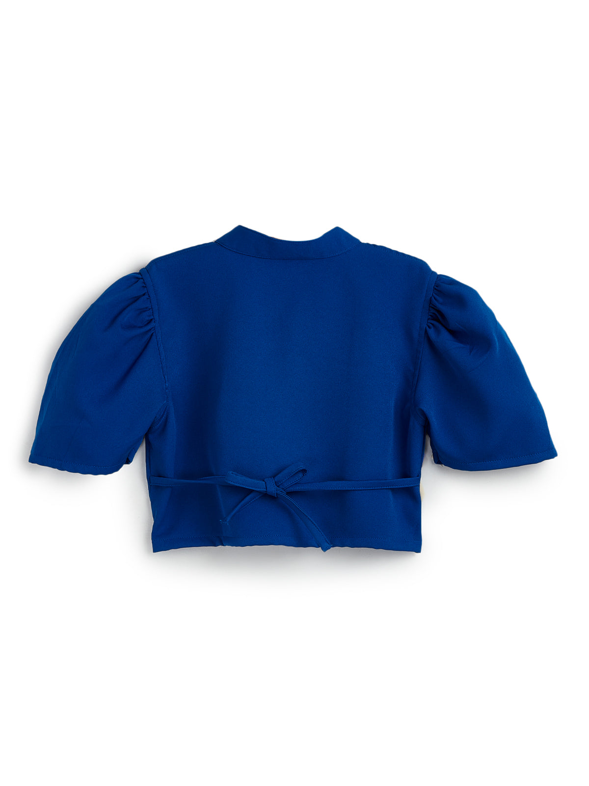 Knit N Knot Girls' Blue Viscose Crepe Co-Ord Set of Mandarin Collar Puff Sleeve Top & Wide Leg Palazzo (Copy) (Copy)