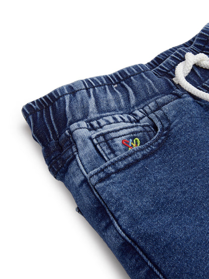 Knit N Knot Blue Boys' Cargo Jogger Pants - Stretchable Relaxed Fit, Elastic Waist Drawstring, Stylish Denim Durable Comfortable Washed, 7 Pockets, Soft Cotton, Kids’ Casual Wear
