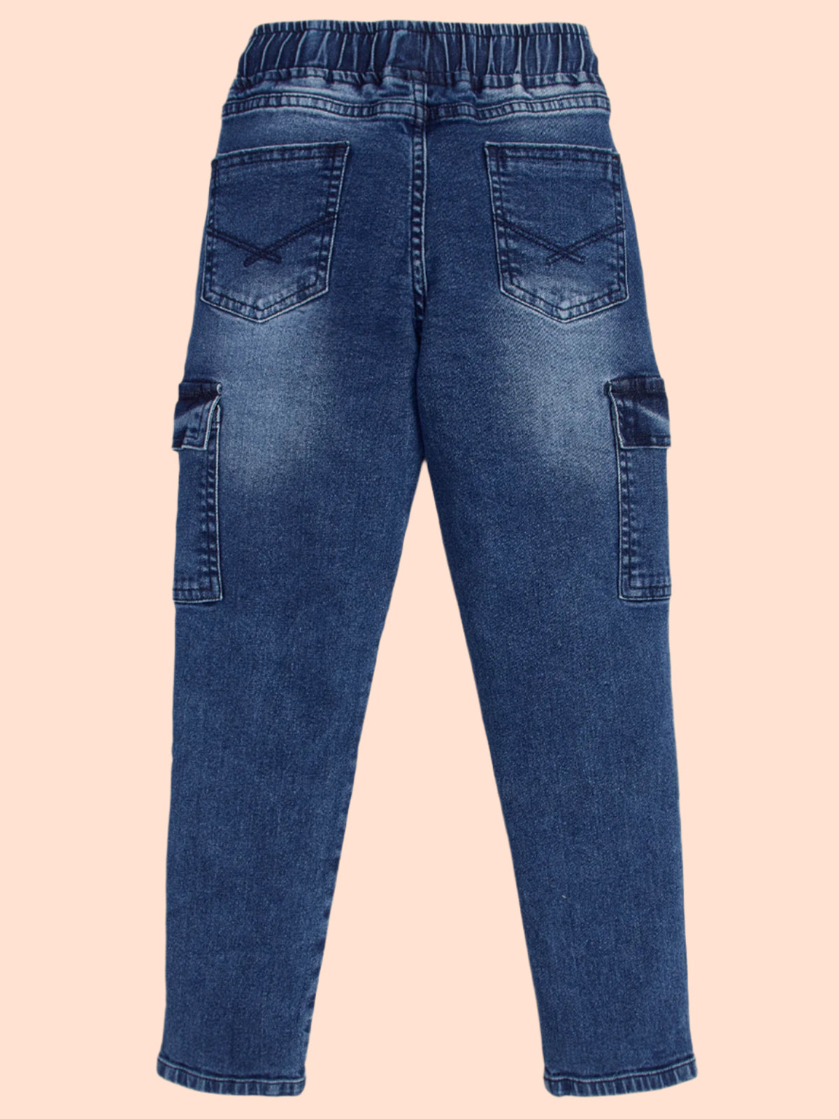 Knit N Knot Blue Boys' Cargo Jogger Pants - Stretchable Relaxed Fit, Elastic Waist Drawstring, Stylish Denim Durable Comfortable Washed, 7 Pockets, Soft Cotton, Kids’ Casual Wear