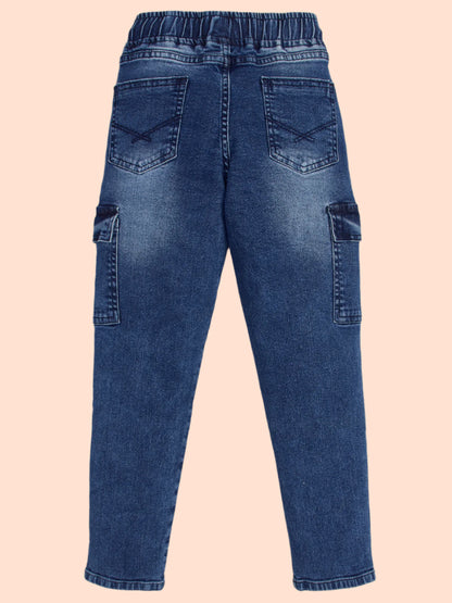 Knit N Knot Blue Boys' Cargo Jogger Pants - Stretchable Relaxed Fit, Elastic Waist Drawstring, Stylish Denim Durable Comfortable Washed, 7 Pockets, Soft Cotton, Kids’ Casual Wear