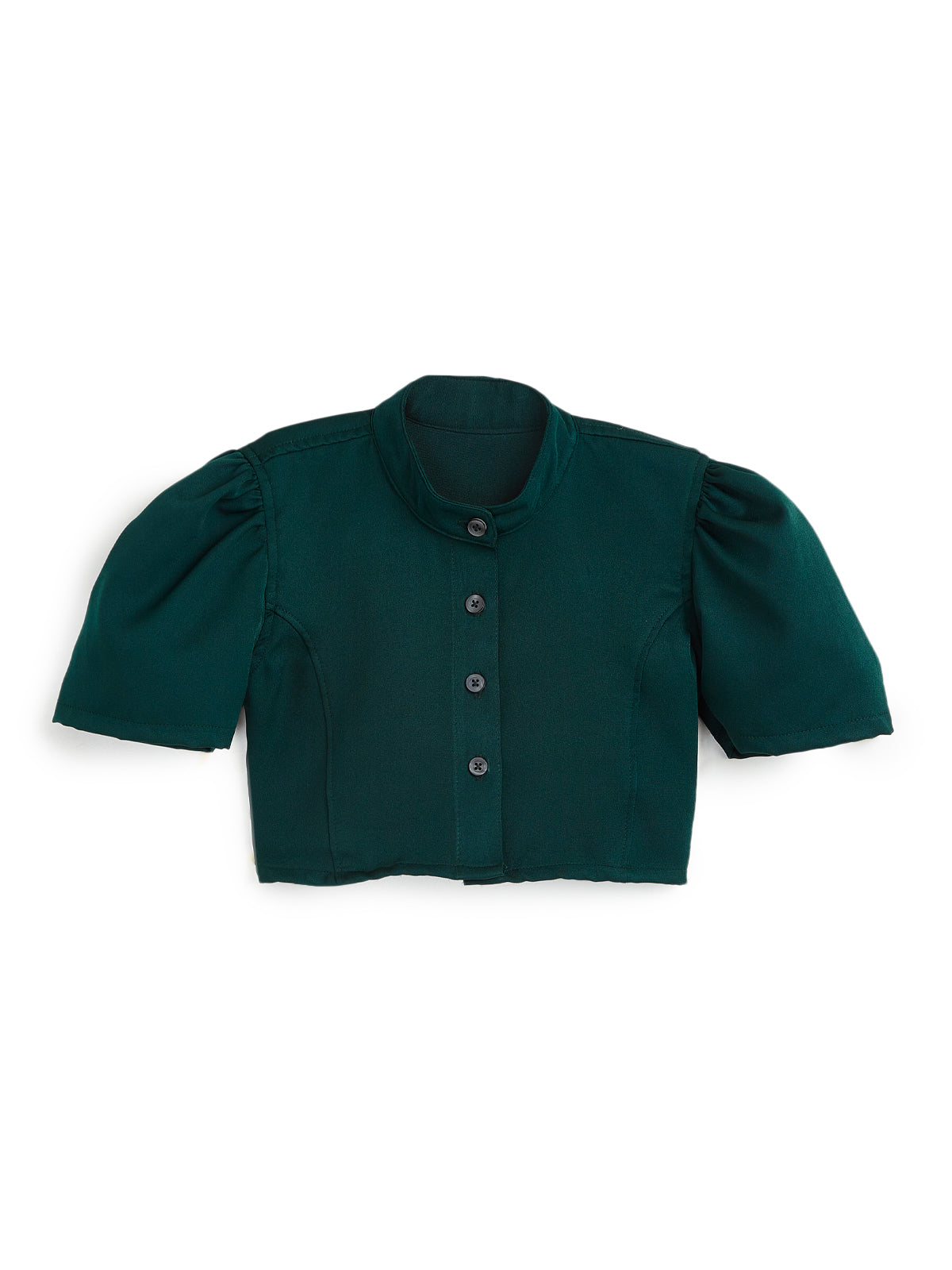 Knit N Knot Girls' Green Viscose Crepe Co-Ord Set of Mandarin Collar Puff Sleeve Top & Wide Leg Palazzo