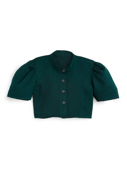 Knit N Knot Girls' Green Viscose Crepe Co-Ord Set of Mandarin Collar Puff Sleeve Top & Wide Leg Palazzo