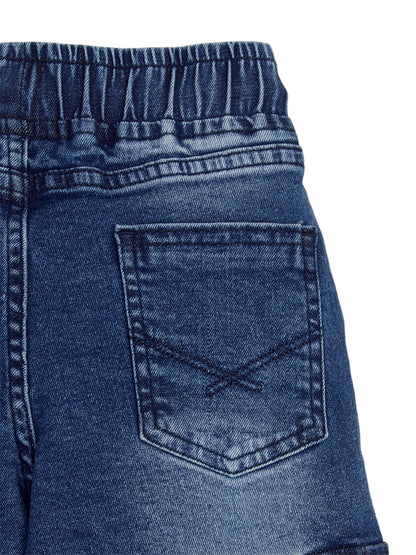 Knit N Knot Blue Boys' Cargo Jogger Pants - Stretchable Relaxed Fit, Elastic Waist Drawstring, Stylish Denim Durable Comfortable Washed, 7 Pockets, Soft Cotton, Kids’ Casual Wear