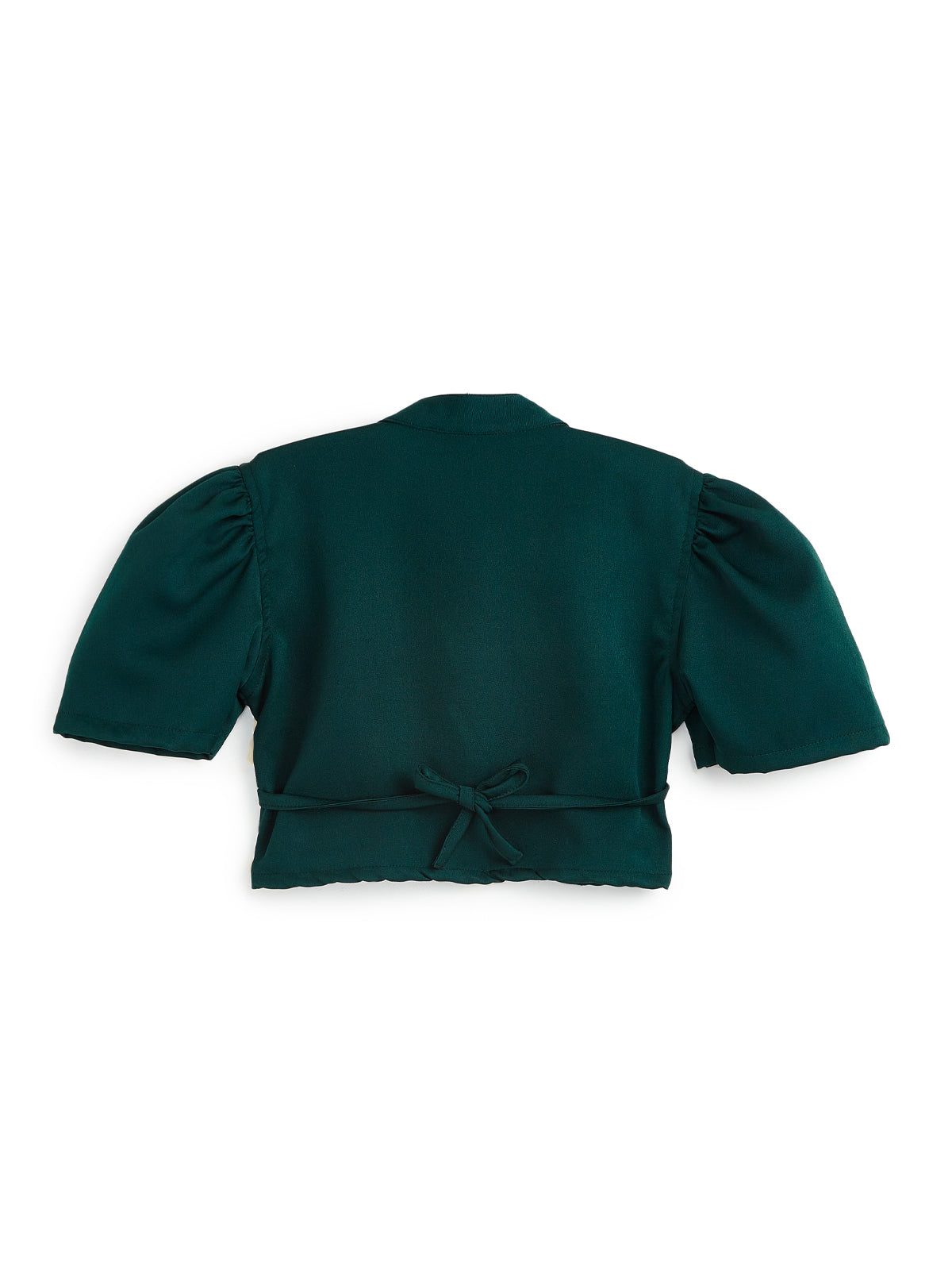 Knit N Knot Girls' Green Viscose Crepe Co-Ord Set of Mandarin Collar Puff Sleeve Top & Wide Leg Palazzo