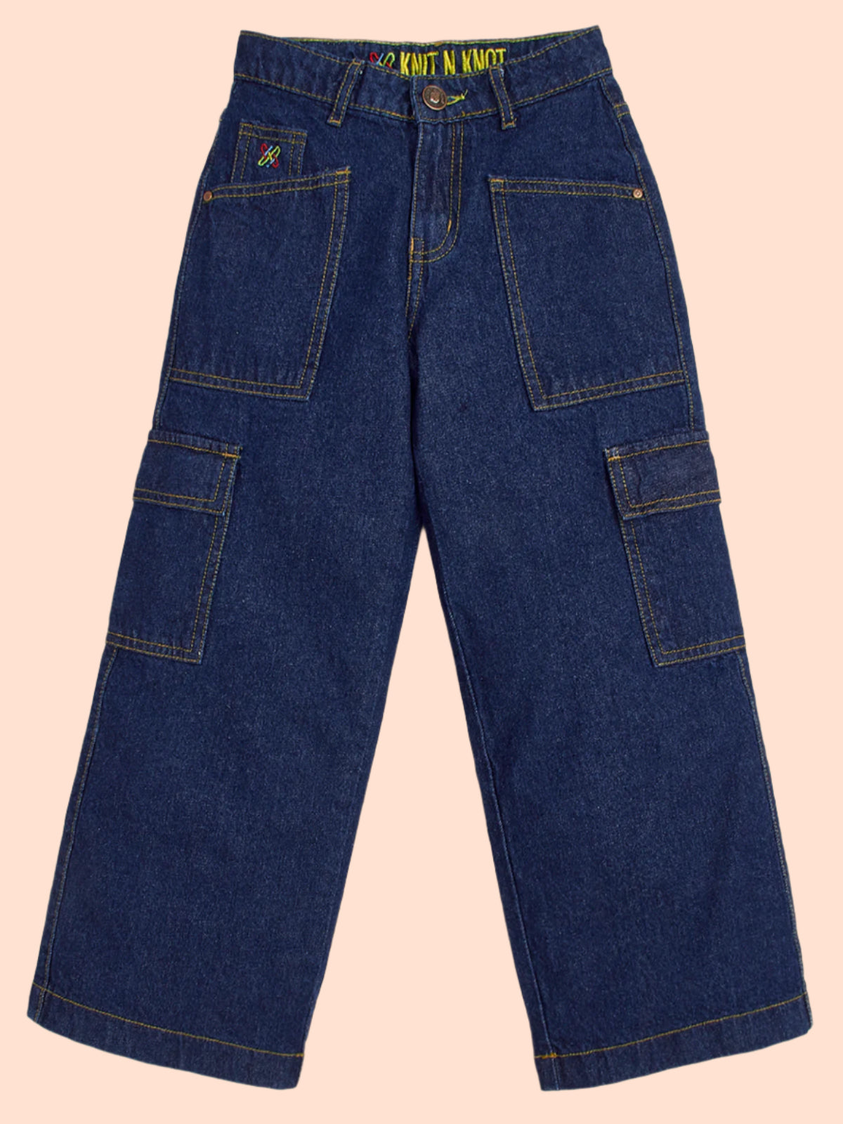 Knit N Knot Girl's Kids Indigo Blue Cargo 7 Pocket Wide Leg Flared Fit Relaxed Comfortable High Waist Jeans | Regular Casual Festival Occassional Wear | Non Stretch | Adjustable Waist | 5-14 Years