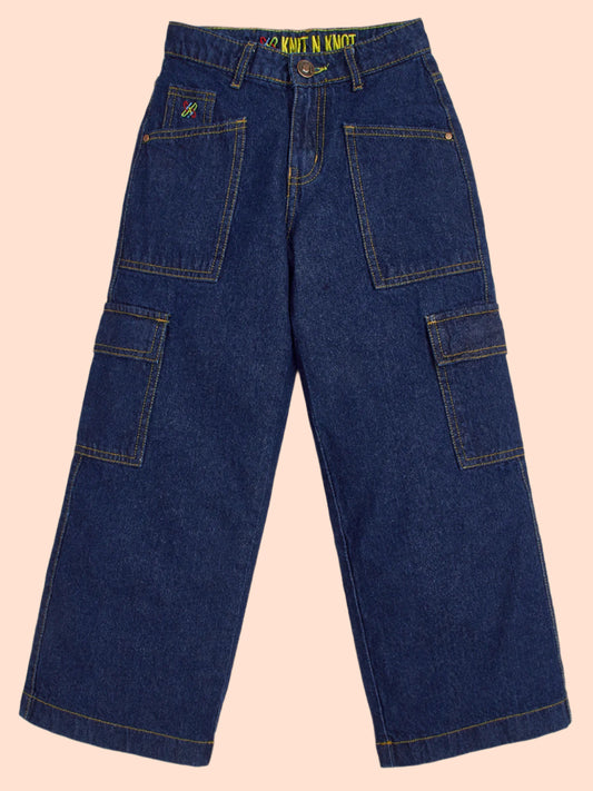 Knit N Knot Girl's Kids Indigo Blue Cargo 7 Pocket Wide Leg Flared Fit Relaxed Comfortable High Waist Jeans | Regular Casual Festival Occassional Wear | Non Stretch | Adjustable Waist | 5-14 Years