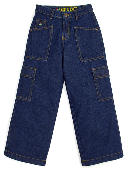 Knit N Knot Girls' Indigo Cotton Denim Co-Ord Set | Waistcoat Style Top with Cargo Jeans