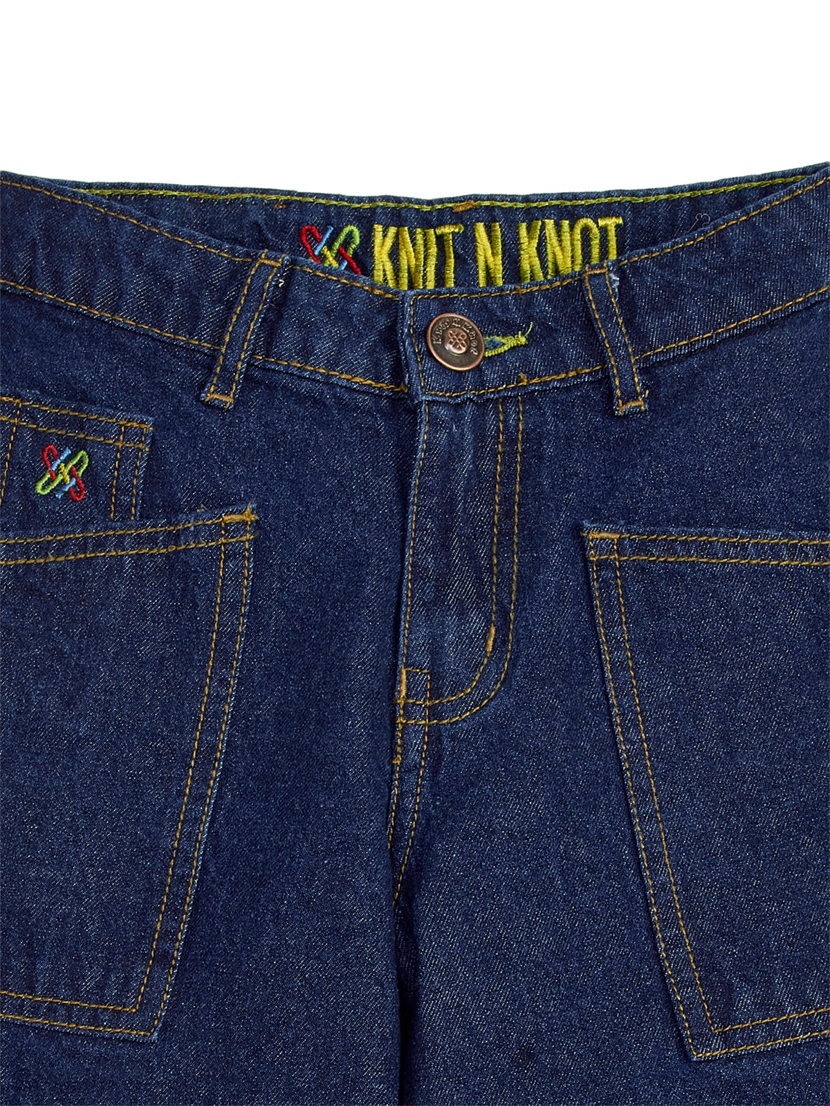 Knit N Knot Girl's Kids Indigo Blue Cargo 7 Pocket Wide Leg Flared Fit Relaxed Comfortable High Waist Jeans | Regular Casual Festival Occassional Wear | Non Stretch | Adjustable Waist | 5-14 Years
