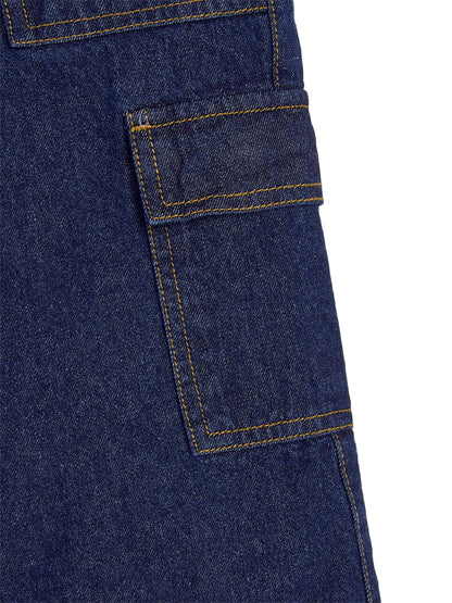 Knit N Knot Girl's Kids Indigo Blue Cargo 7 Pocket Wide Leg Flared Fit Relaxed Comfortable High Waist Jeans | Regular Casual Festival Occassional Wear | Non Stretch | Adjustable Waist | 5-14 Years