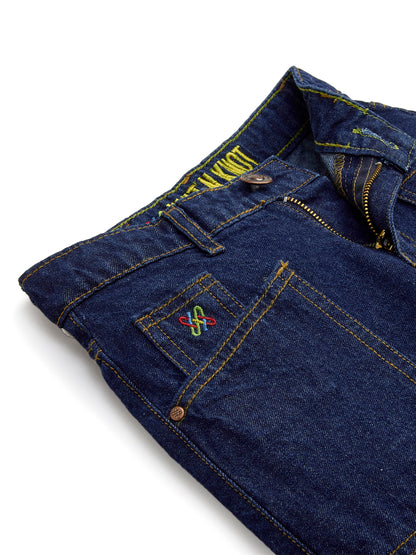 Knit N Knot Girl's Kids Indigo Blue Cargo 7 Pocket Wide Leg Flared Fit Relaxed Comfortable High Waist Jeans | Regular Casual Festival Occassional Wear | Non Stretch | Adjustable Waist | 5-14 Years