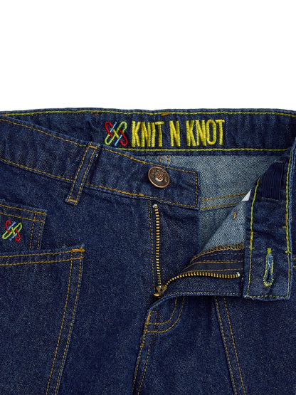 Knit N Knot Girl's Kids Indigo Blue Cargo 7 Pocket Wide Leg Flared Fit Relaxed Comfortable High Waist Jeans | Regular Casual Festival Occassional Wear | Non Stretch | Adjustable Waist | 5-14 Years