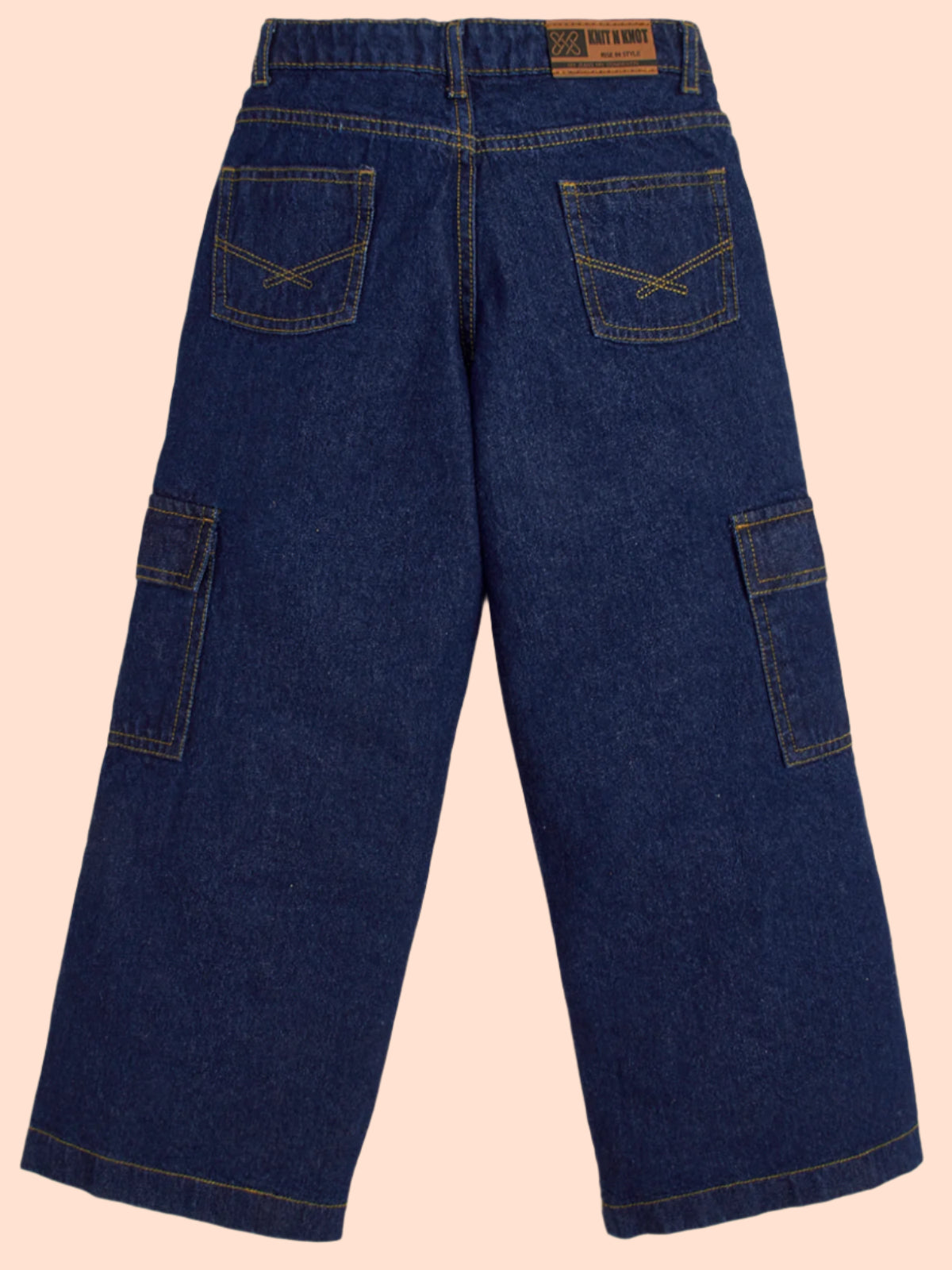 Knit N Knot Girl's Kids Indigo Blue Cargo 7 Pocket Wide Leg Flared Fit Relaxed Comfortable High Waist Jeans | Regular Casual Festival Occassional Wear | Non Stretch | Adjustable Waist | 5-14 Years