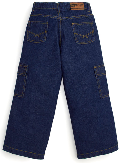 Knit N Knot Girls' Indigo Cotton Denim Co-Ord Set | Waistcoat Style Top with Cargo Jeans