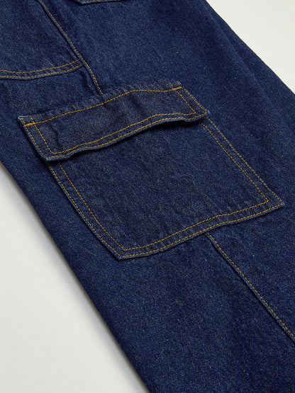 Knit N Knot Girl's Kids Indigo Blue Cargo 7 Pocket Wide Leg Flared Fit Relaxed Comfortable High Waist Jeans | Regular Casual Festival Occassional Wear | Non Stretch | Adjustable Waist | 5-14 Years
