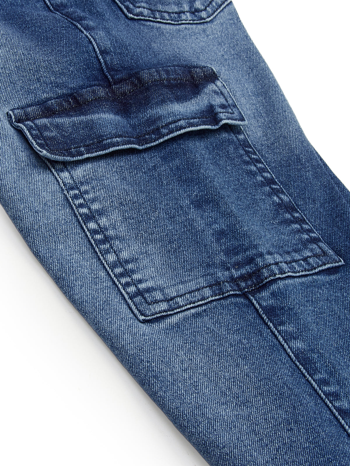 Knit N Knot Blue Boys' Cargo Jogger Pants - Stretchable Relaxed Fit, Elastic Waist Drawstring, Stylish Denim Durable Comfortable Washed, 7 Pockets, Soft Cotton, Kids’ Casual Wear