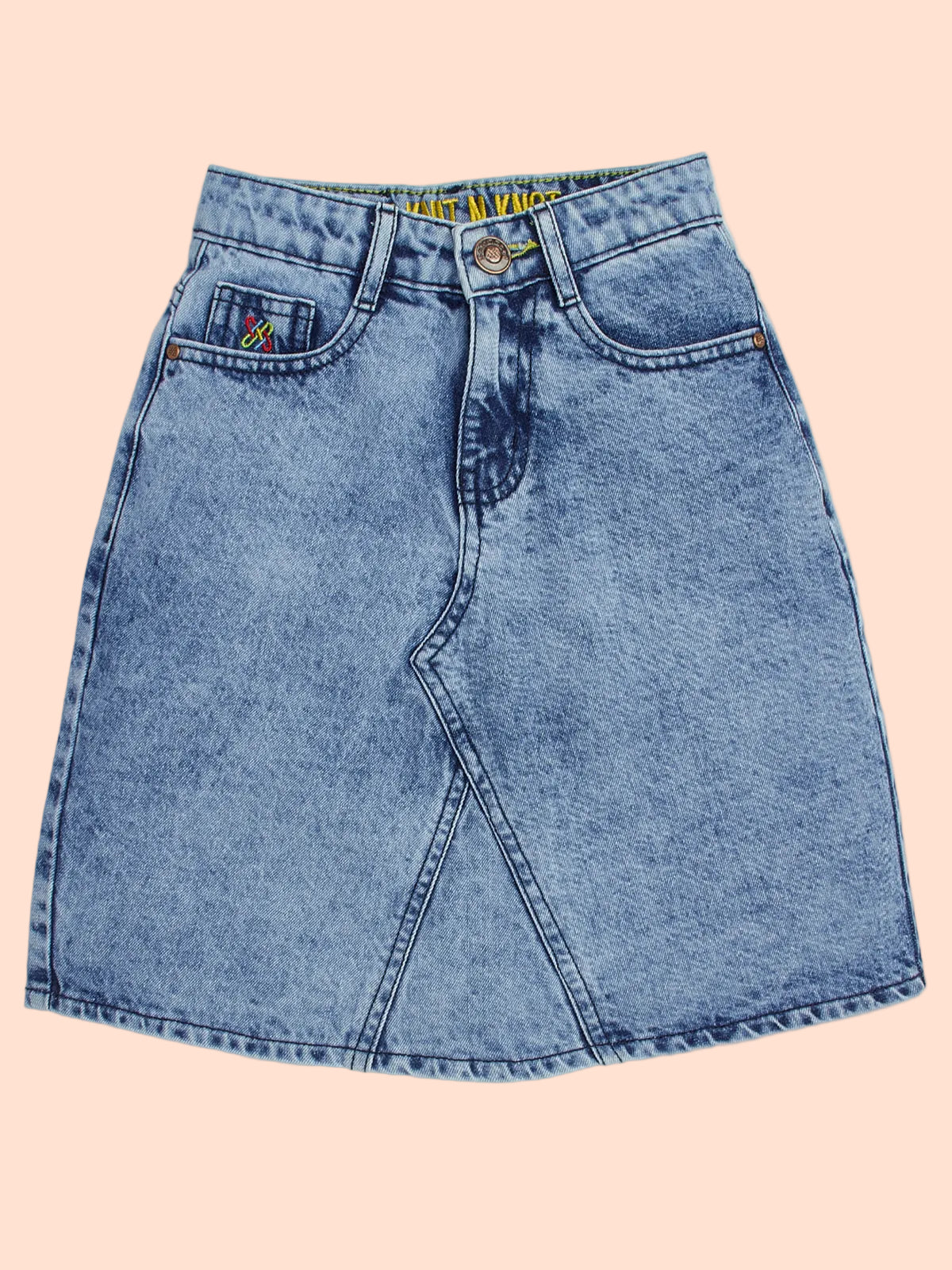 Knit N Knot Girls Blue Denim Washed Skirt for Ages 7-16 | Adjustable Waistband | Stylish A-Line Fit with Pockets | Knee Length | Casual Western Skirt for Kids