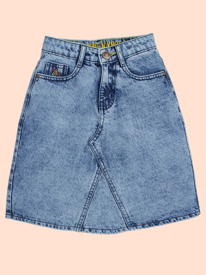 Knit N Knot Girls Blue Denim Washed Skirt for Ages 7-16 | Adjustable Waistband | Stylish A-Line Fit with Pockets | Knee Length | Casual Western Skirt for Kids