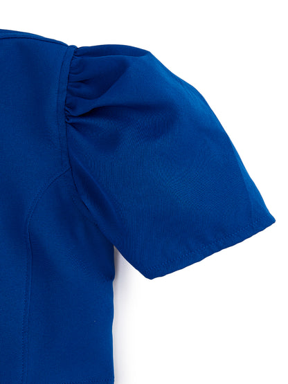 Knit N Knot Girls' Blue Viscose Crepe Co-Ord Set of Mandarin Collar Puff Sleeve Top & Wide Leg Palazzo (Copy) (Copy)