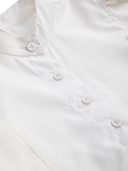 Knit N Knot Girls' White Cotton Crepe Co-Ord Set of Mandarin Collar Puff Sleeve Top & Wide Leg Palazzo