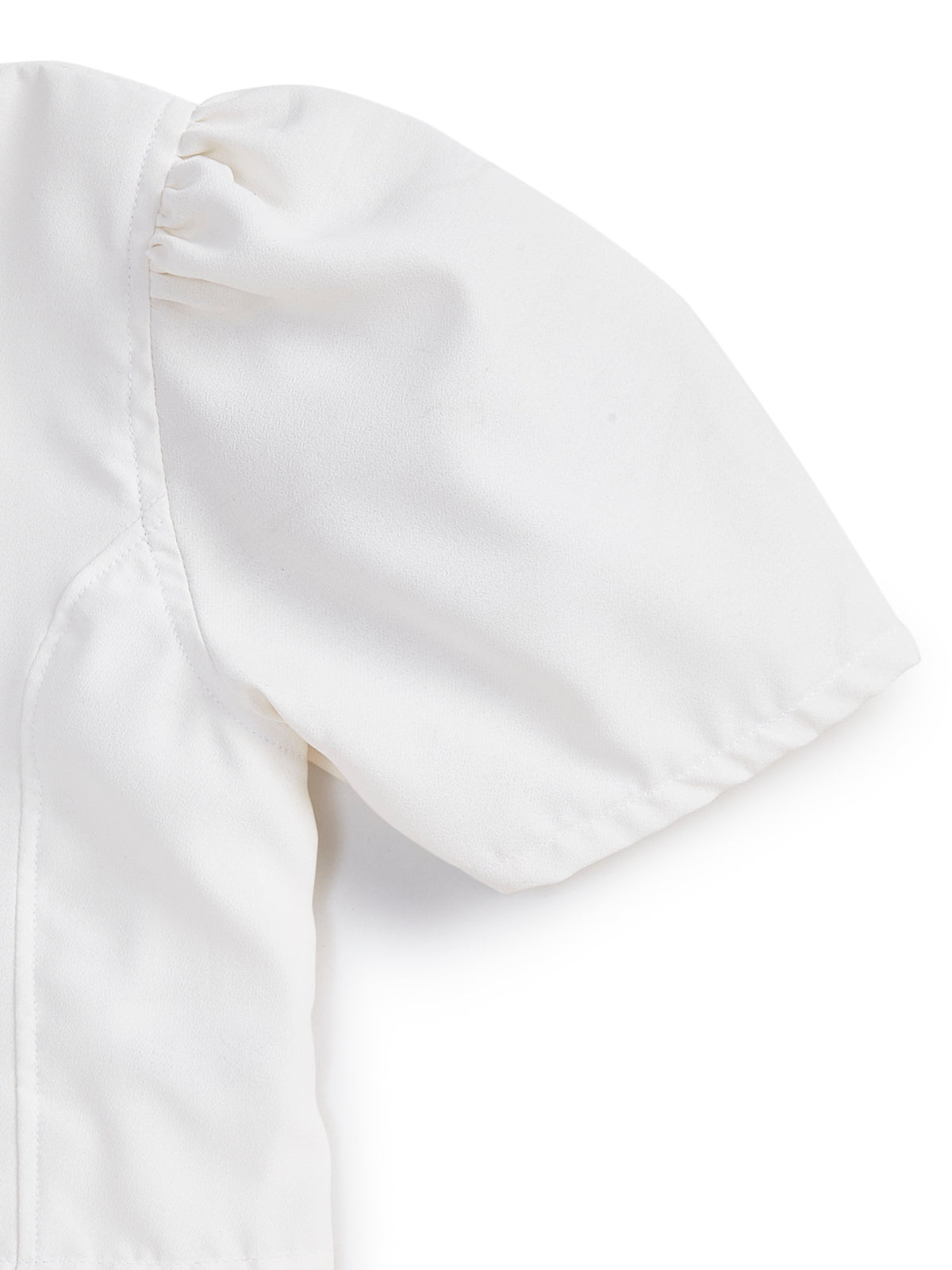 Knit N Knot Girls' White Cotton Crepe Co-Ord Set of Mandarin Collar Puff Sleeve Top & Wide Leg Palazzo