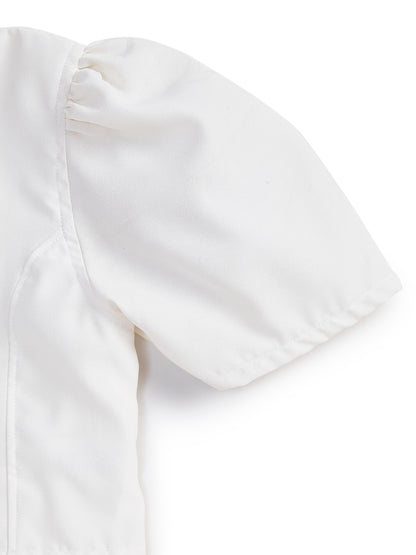 Knit N Knot Girls' White Cotton Crepe Co-Ord Set of Mandarin Collar Puff Sleeve Top & Wide Leg Palazzo