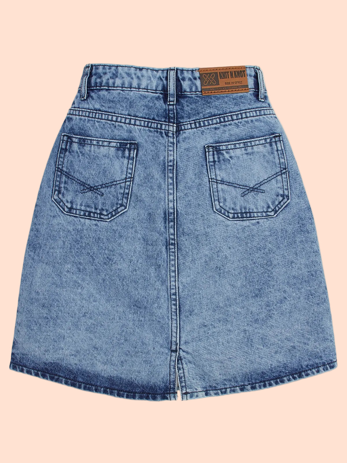 Knit N Knot Girls Blue Denim Washed Skirt for Ages 7-16 | Adjustable Waistband | Stylish A-Line Fit with Pockets | Knee Length | Casual Western Skirt for Kids