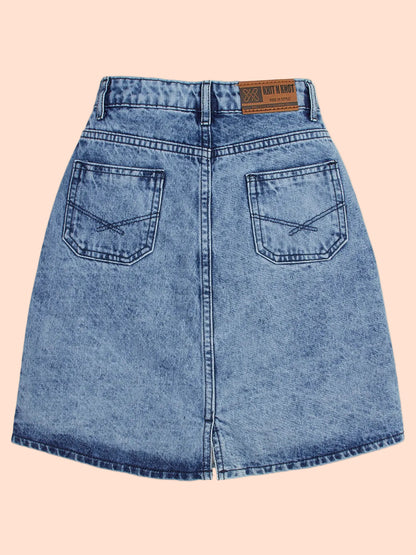 Knit N Knot Girls Blue Denim Washed Skirt for Ages 7-16 | Adjustable Waistband | Stylish A-Line Fit with Pockets | Knee Length | Casual Western Skirt for Kids