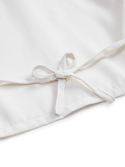 Knit N Knot Girls' White Cotton Crepe Co-Ord Set of Mandarin Collar Puff Sleeve Top & Wide Leg Palazzo