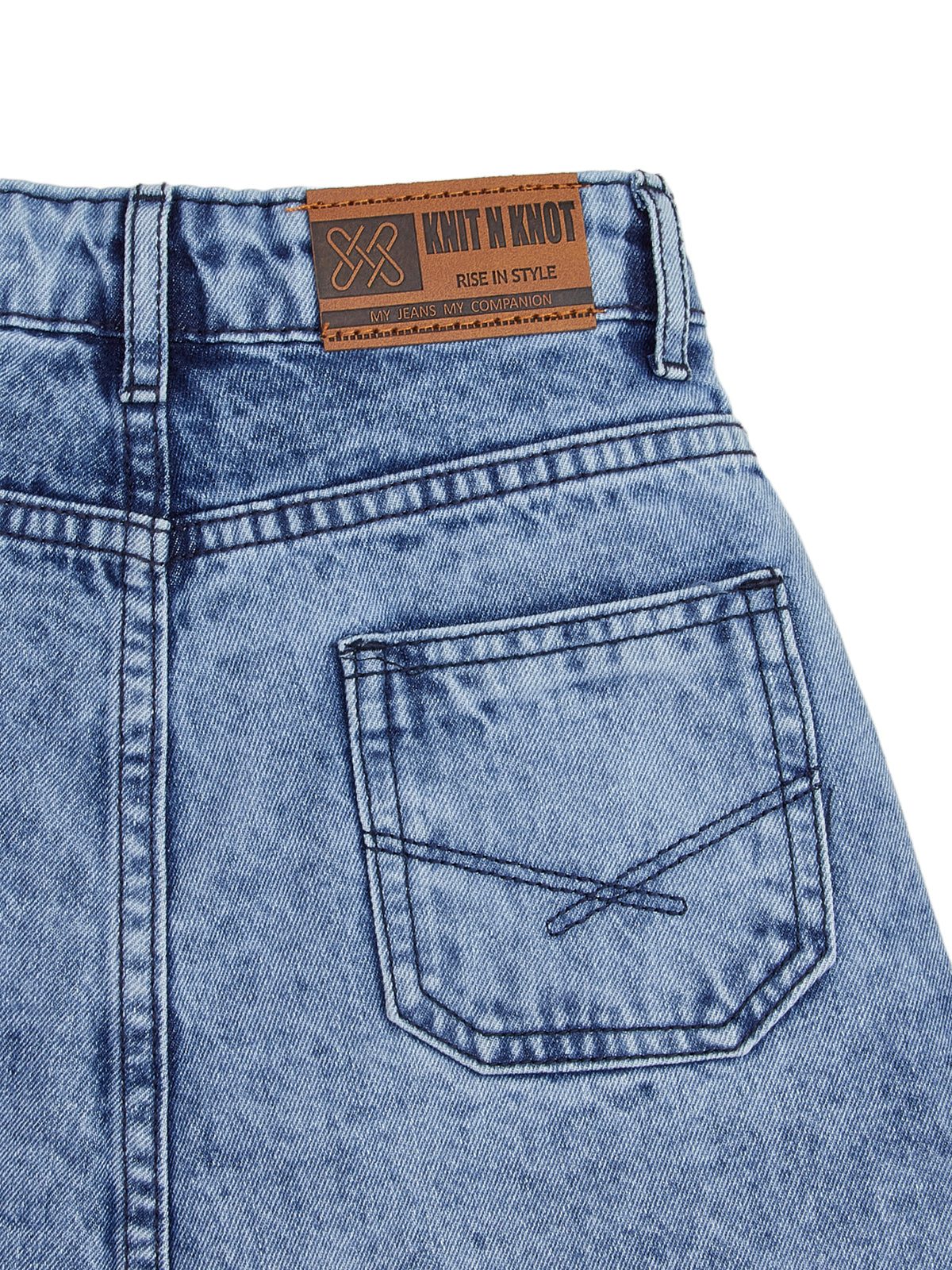 Knit N Knot Girls Blue Denim Washed Skirt for Ages 7-16 | Adjustable Waistband | Stylish A-Line Fit with Pockets | Knee Length | Casual Western Skirt for Kids