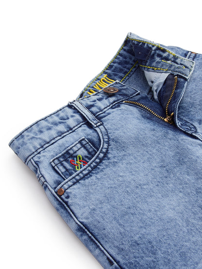 Knit N Knot Girls Blue Denim Washed Skirt for Ages 7-16 | Adjustable Waistband | Stylish A-Line Fit with Pockets | Knee Length | Casual Western Skirt for Kids