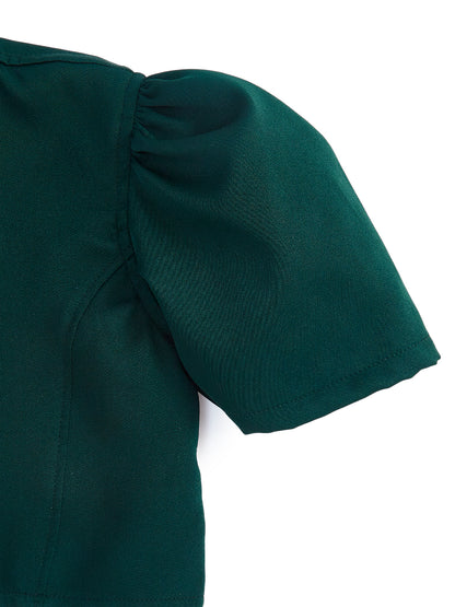 Knit N Knot Girls' Green Viscose Crepe Co-Ord Set of Mandarin Collar Puff Sleeve Top & Wide Leg Palazzo