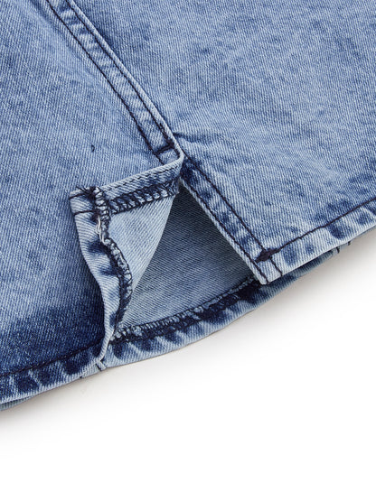 Knit N Knot Girls Blue Denim Washed Skirt for Ages 7-16 | Adjustable Waistband | Stylish A-Line Fit with Pockets | Knee Length | Casual Western Skirt for Kids