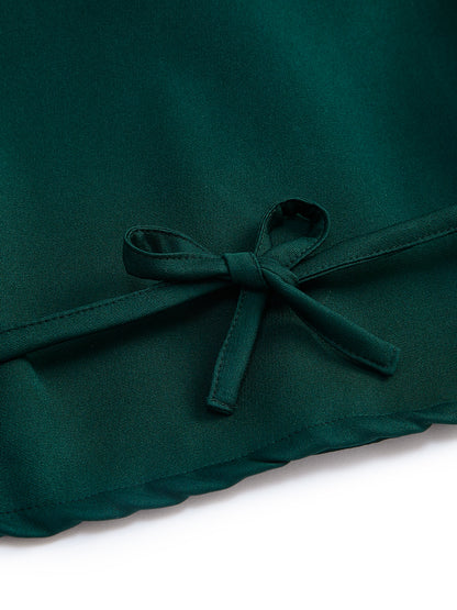 Knit N Knot Girls' Green Viscose Crepe Co-Ord Set of Mandarin Collar Puff Sleeve Top & Wide Leg Palazzo