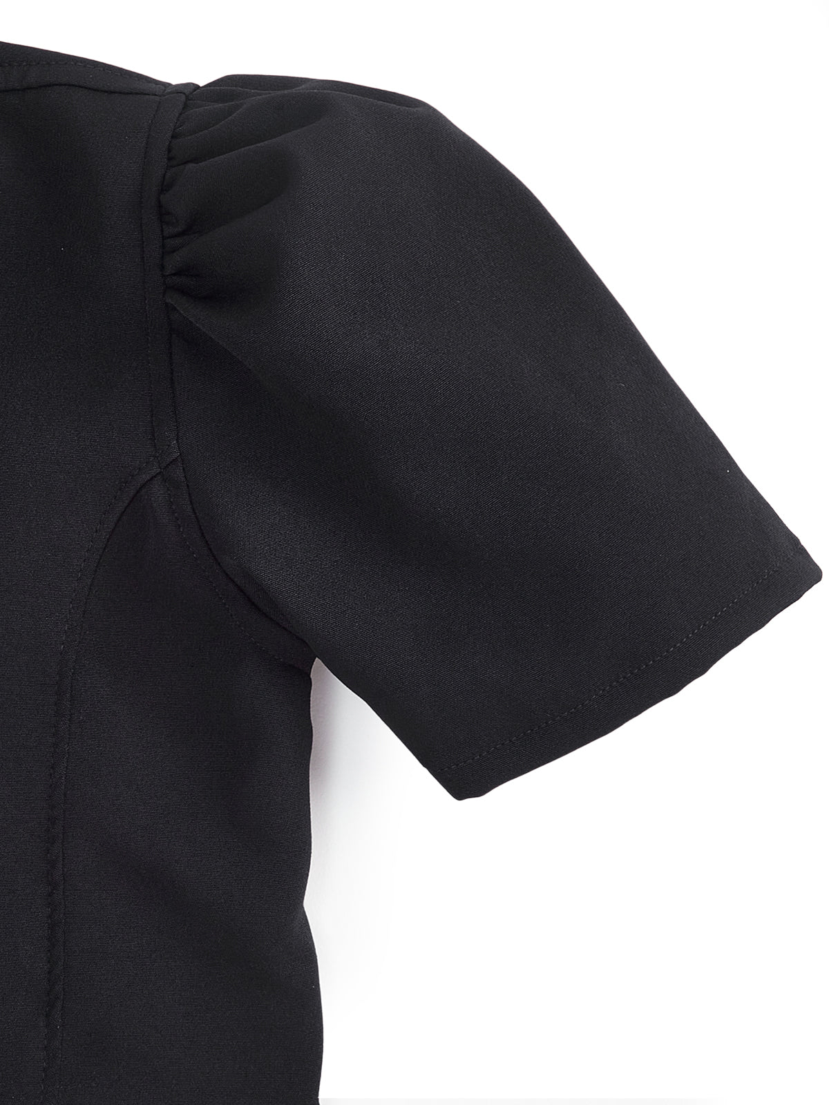 Knit N Knot Girls' Black Viscose Crepe Co-Ord Set of Mandarin Collar Puff Sleeve Top & Wide Leg Palazzo