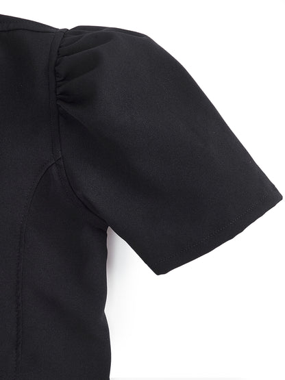 Knit N Knot Girls' Black Viscose Crepe Co-Ord Set of Mandarin Collar Puff Sleeve Top & Wide Leg Palazzo