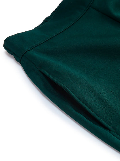 Knit N Knot Girls' Green Viscose Crepe Co-Ord Set of Mandarin Collar Puff Sleeve Top & Wide Leg Palazzo