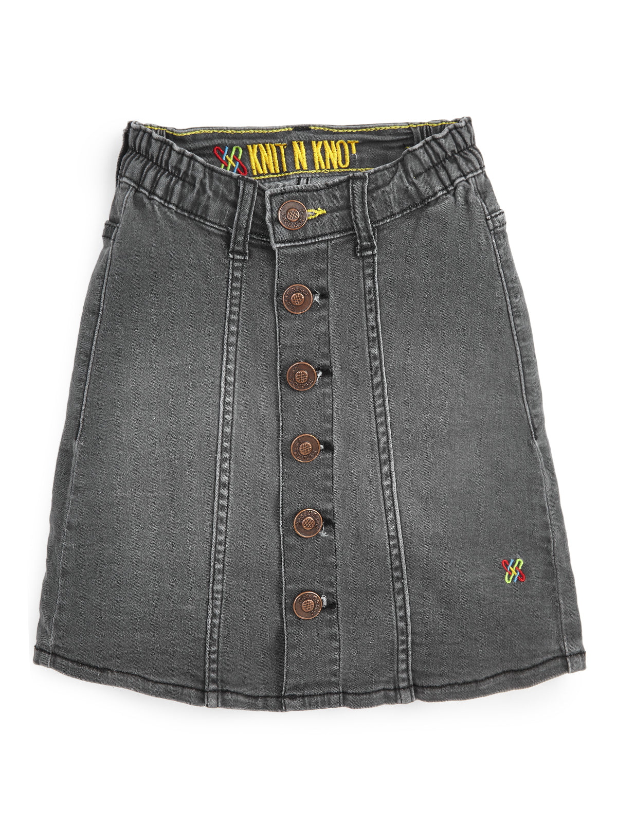 Knit N Knot Girls' Black Faded Denim Front Open Button-Down A-Line Skirt