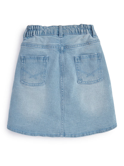 Knit N Knot Girls Ice Blue Denim A-Line Skirt High Waist Button Front Mini Skirt with Pockets | Above Knee Length | Casual Stylish Kidswear