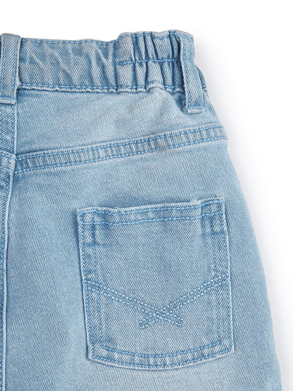 Knit N Knot Girls Ice Blue Denim A-Line Skirt High Waist Button Front Mini Skirt with Pockets | Above Knee Length | Casual Stylish Kidswear