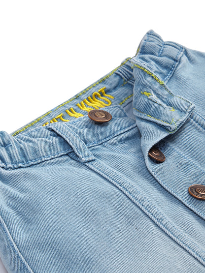 Knit N Knot Girls Ice Blue Denim A-Line Skirt High Waist Button Front Mini Skirt with Pockets | Above Knee Length | Casual Stylish Kidswear