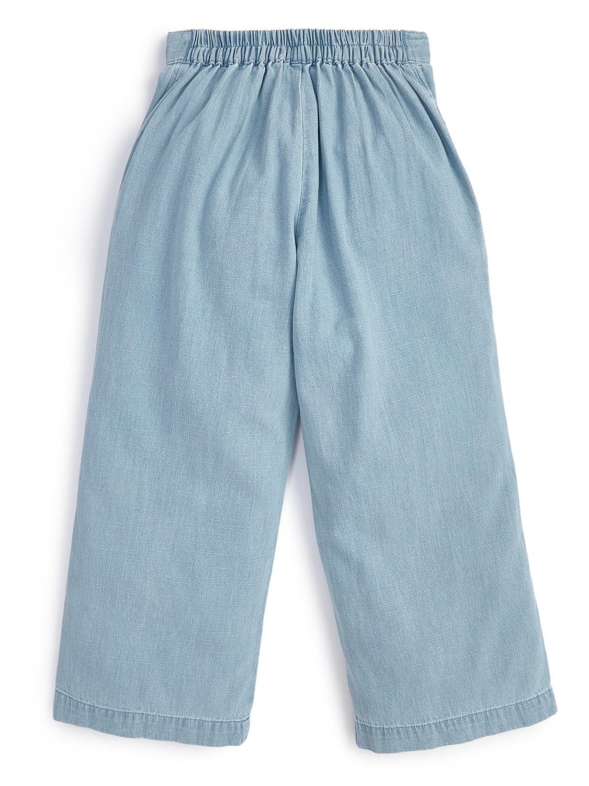 Knit N Knot Girls' Light Blue Cotton Denim Co-ord Set of Sleeveless Waistcoat Top with Lace Panel Wide Leg Palazzo