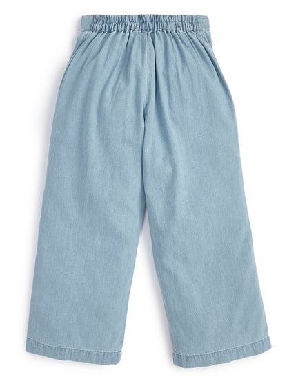 Knit N Knot Girls' Light Blue Denim Co-ord Set of Sleeveless V-Lace Top & Lace Embellished Wide Leg Palazzo