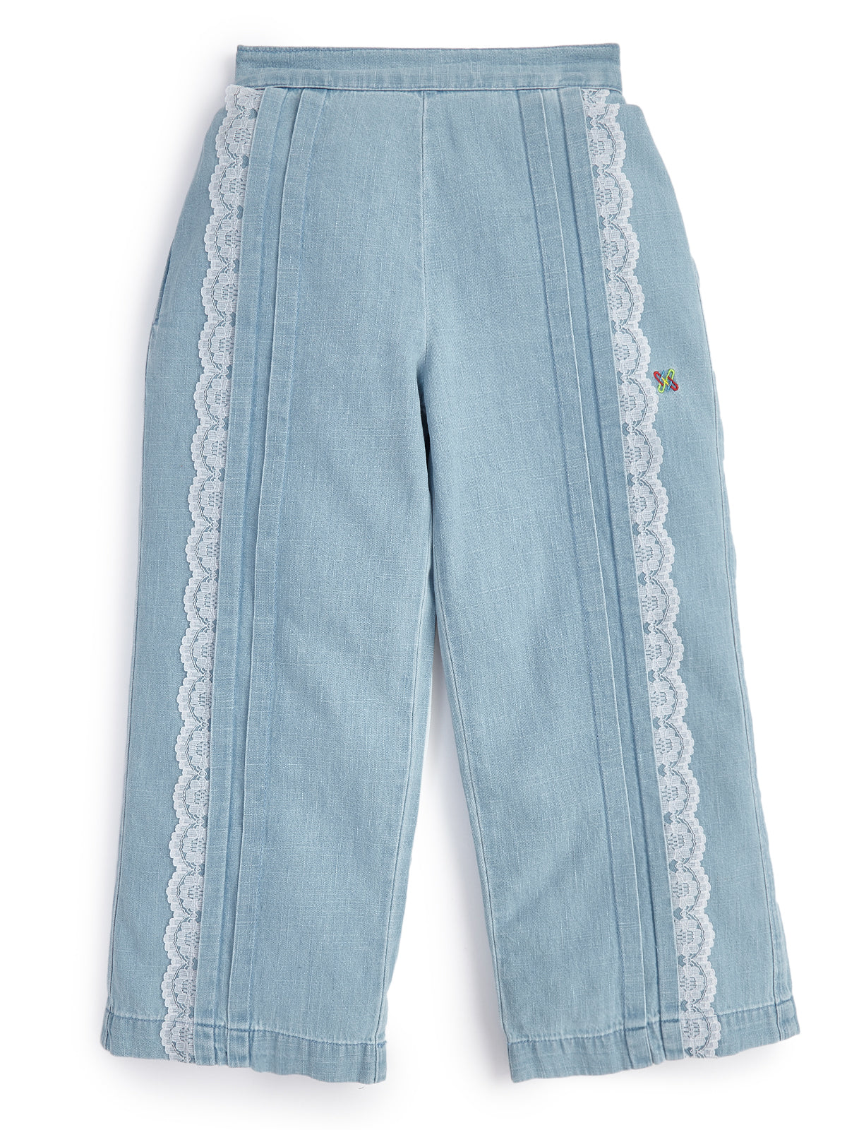Knit N Knot Girls' Light Blue Denim Co-ord Set of Sleeveless V-Lace Top & Lace Embellished Wide Leg Palazzo