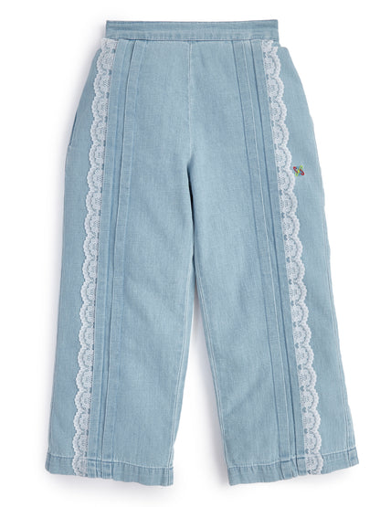 Knit N Knot Girls' Light Blue Denim Co-ord Set of Sleeveless V-Lace Top & Lace Embellished Wide Leg Palazzo
