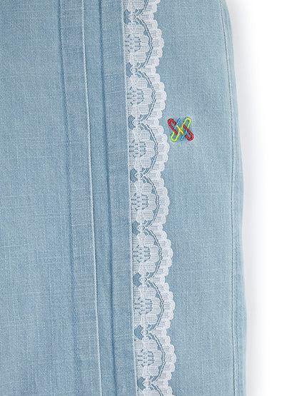 Knit N Knot Girls' Light Blue Cotton Denim Co-ord Set of Sleeveless Waistcoat Top with Lace Panel Wide Leg Palazzo